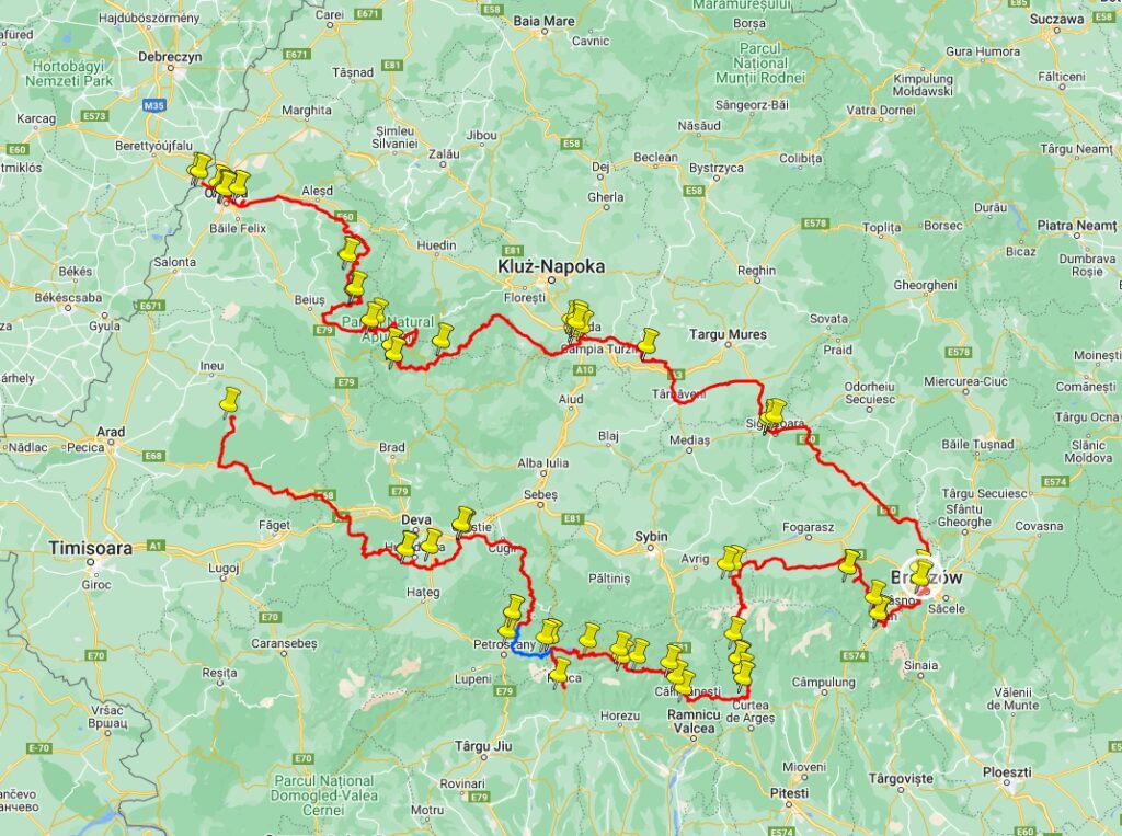 Off-road route in Transylvania, Romania on the map